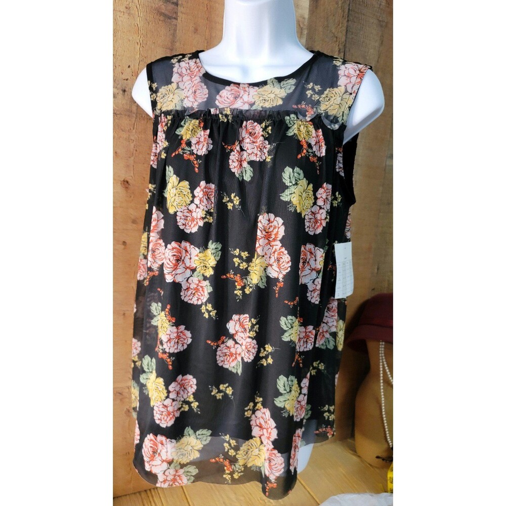Bobbie Brooks Sheer Yoke Top Floral Black Mesh Overlay Top Sleeveless Size S